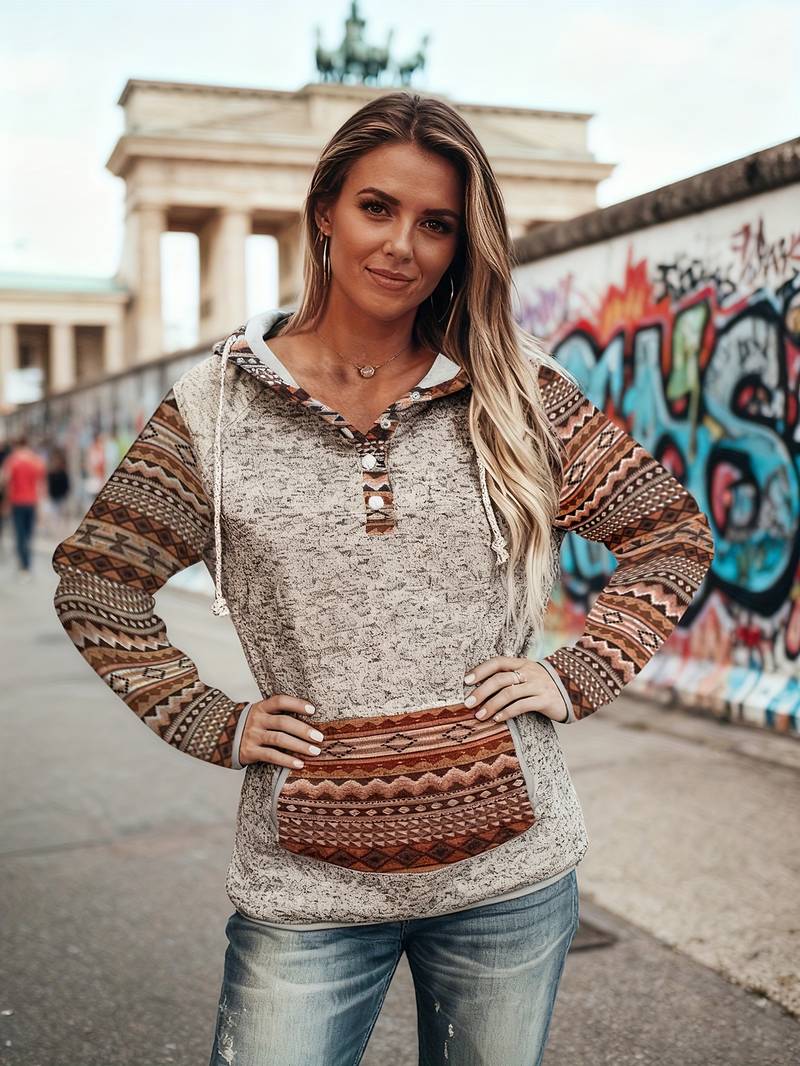 Galia - Vintage Langarm Kapuzen Pullover Mit Knöpfen