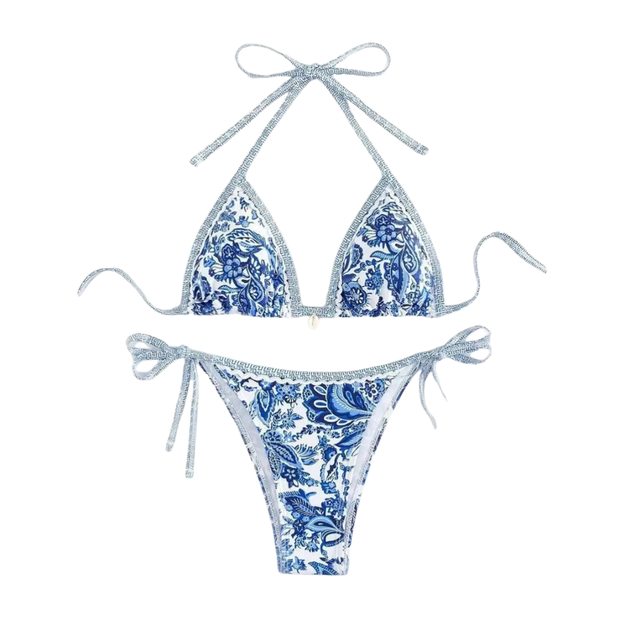 Bikini-Set mit Neckholder und Bindebändern im Print-Design