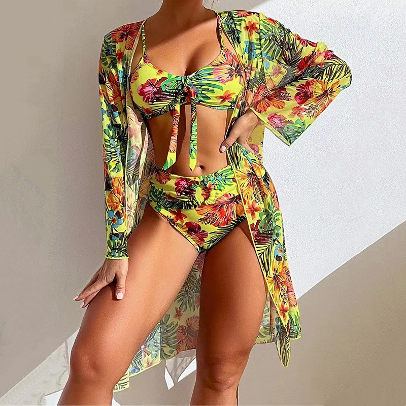 Alice - Bikini-Set mit hoher Taille und tropischem Blumenmuster und transparentem Überzug