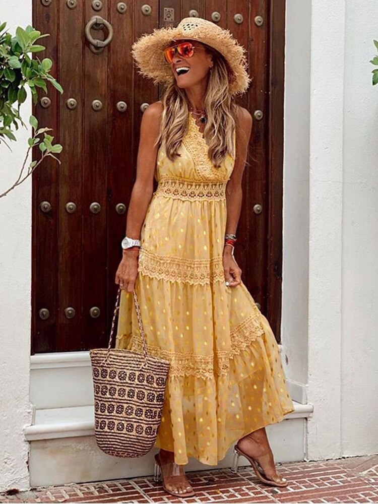 Damen Maxikleid aus Baumwolle mit Boho Chic Stil und V-Ausschnitt