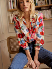 Marie | Bluse Damen Langarm Blumenmuster Knopfleiste Hemdkragen