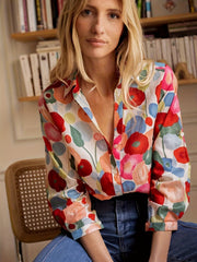 Marie | Bluse Damen Langarm Blumenmuster Knopfleiste Hemdkragen