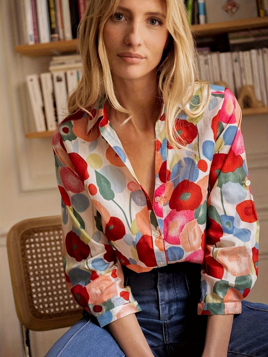Marie | Bluse Damen Langarm Blumenmuster Knopfleiste Hemdkragen