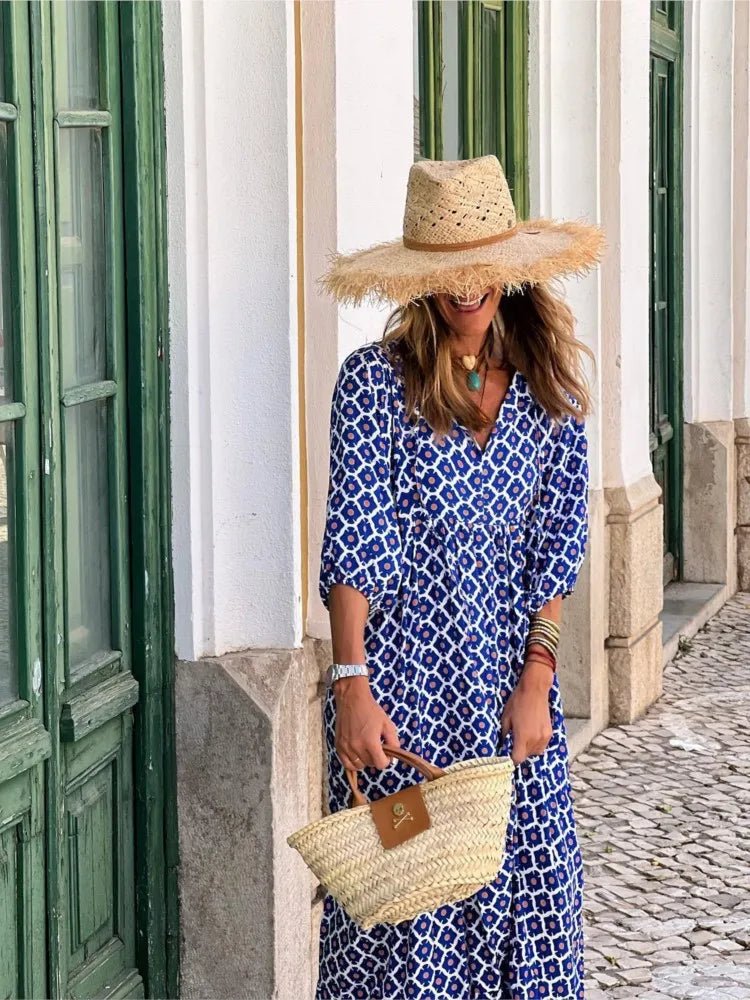 Elfriede | Boho Maxi Kleid V-Ausschnitt Geometrisches Muster