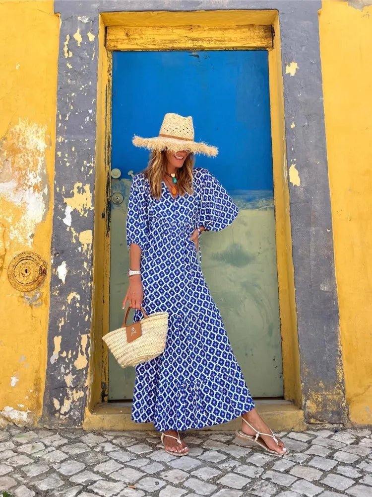Elfriede | Boho Maxi Kleid V-Ausschnitt Geometrisches Muster