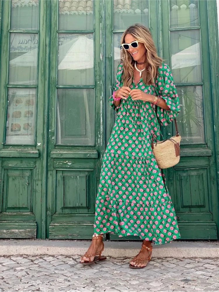 Elfriede | Boho Maxi Kleid V-Ausschnitt Geometrisches Muster