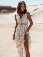 Elisabeth | Boho Maxi Kleid V-Ausschnitt Vintage Quasten Bindegürtel