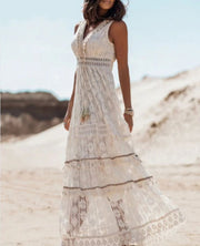 Elisabeth | Boho Maxi Kleid V-Ausschnitt Vintage Quasten Bindegürtel