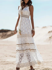 Elisabeth | Boho Maxi Kleid V-Ausschnitt Vintage Quasten Bindegürtel