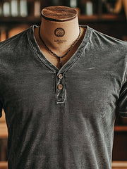 Herren-T-Shirt im Vintage-Stil klassisch Aus Gewaschenem Leder Mit V-Ausschnitt Und Knopfleiste Kurze Ärmel