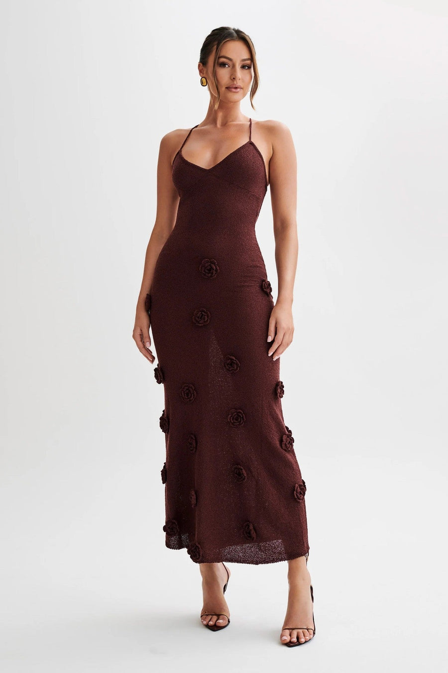 Maxikleid mit Spaghettiträgern und 3D-Blumenapplikationen für Damen