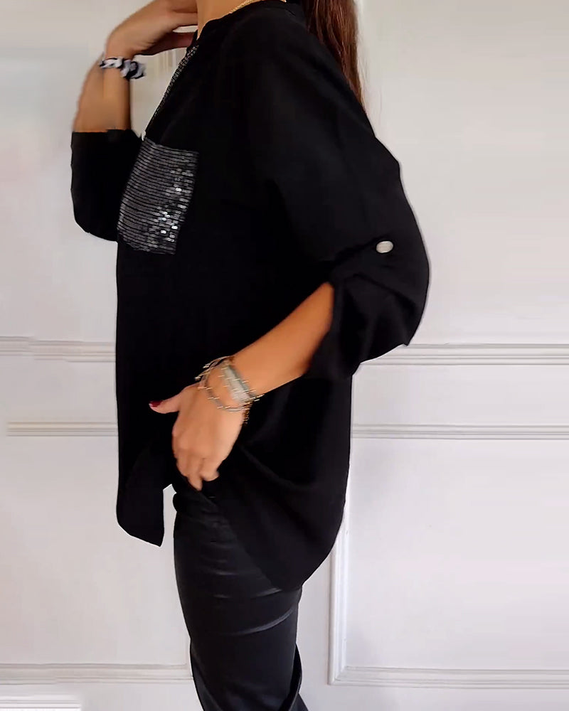 Amelia - Schicke Bluse mit Knopfleiste und Paillettenbesatz für Damen | Elegante Langarmbluse mit Paillettentasche