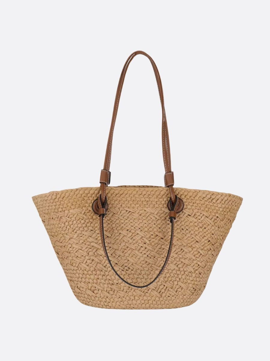 Amara | Trapezförmige Damen-Strohtasche mit Kunstleder-Schulterriemen & Korbstruktur