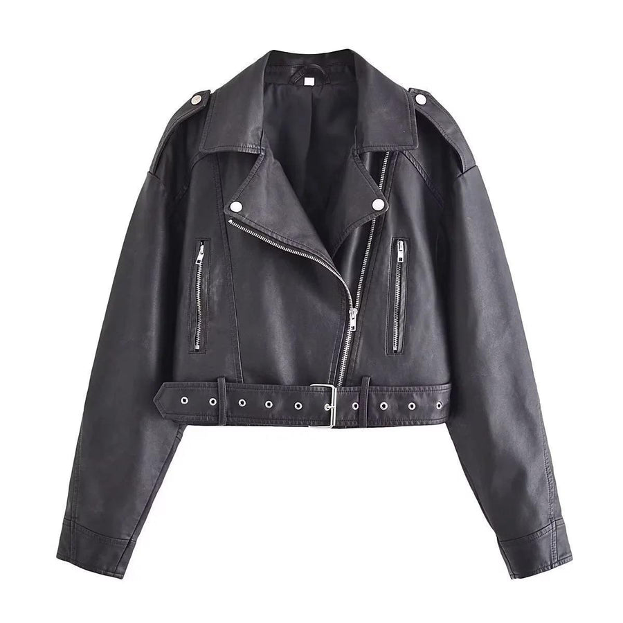 Heidi-Mode | Damen PU Motorradjacke mit Reißverschluss und Gürtel