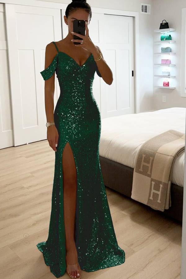 Heidi-Mode | Paillettenspitze Meerjungfrau Abschlussballkleider mit Schlitz Off-Shoulder Abendkleid