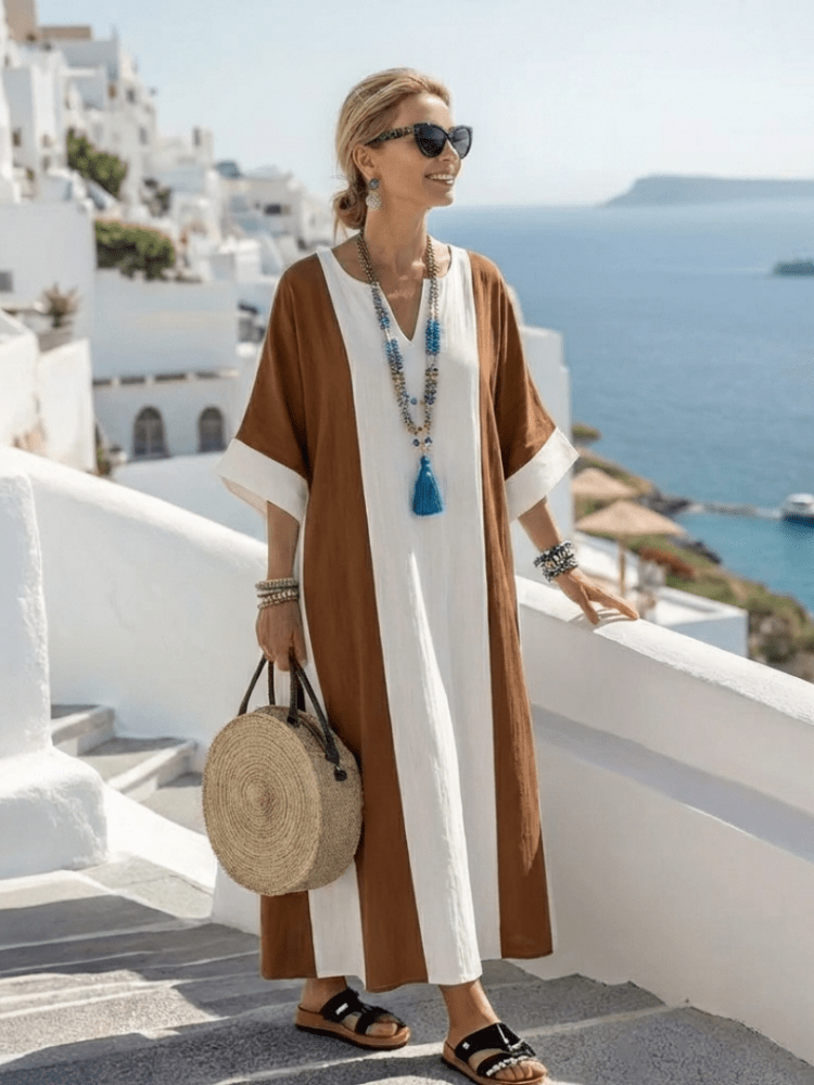 Kalinda | Damen Colorblock Maxikleid – Entspanntes Farbblock Sommerkleid Urlaub 2026