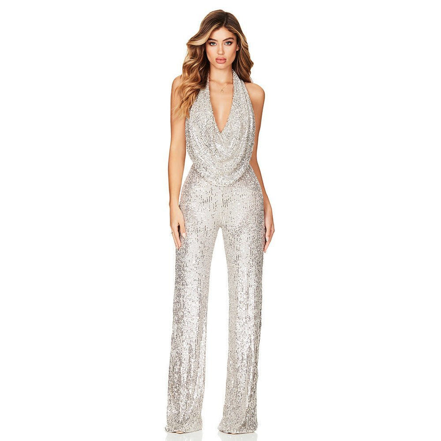 Cassia – Pailletten-Jumpsuit mit Neckholder und offenem Rücken