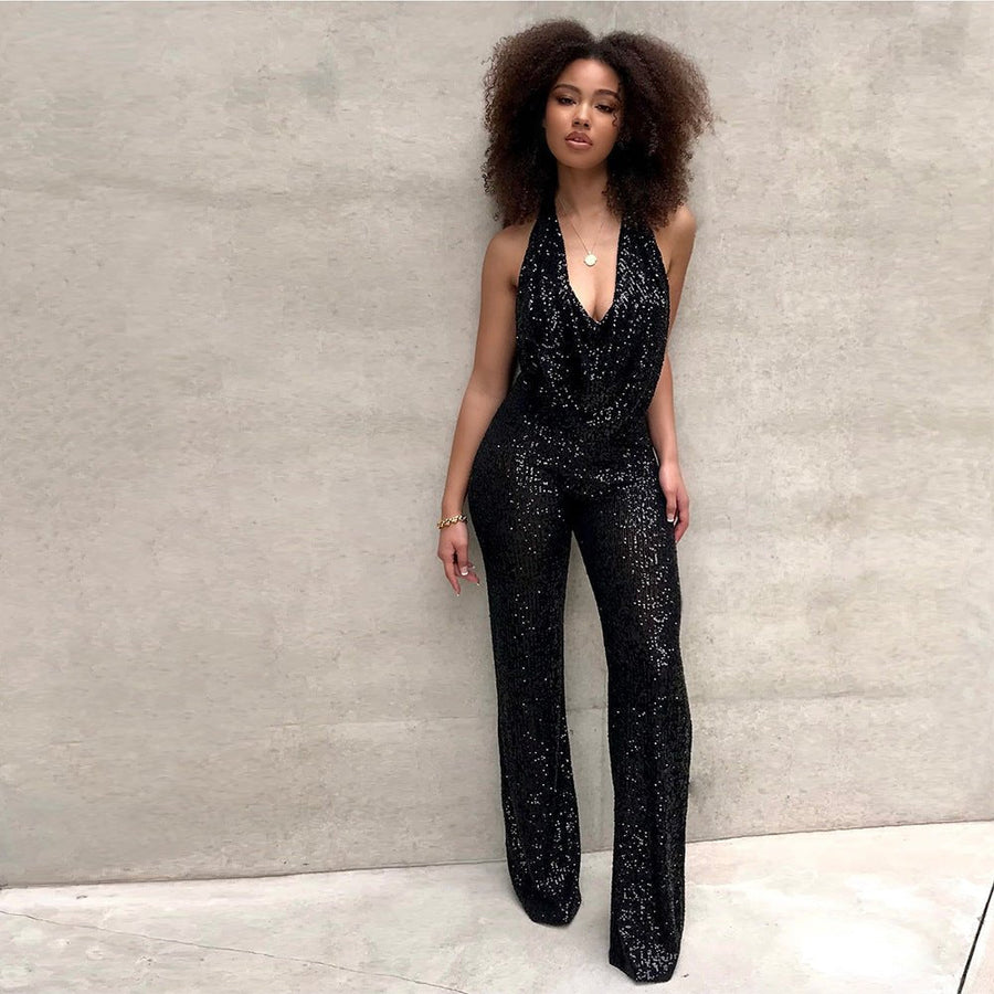 Cassia – Pailletten-Jumpsuit mit Neckholder und offenem Rücken