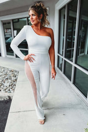 Damen Jumpsuit One-Shoulder mit Gürtel – glamouröser Schnitt