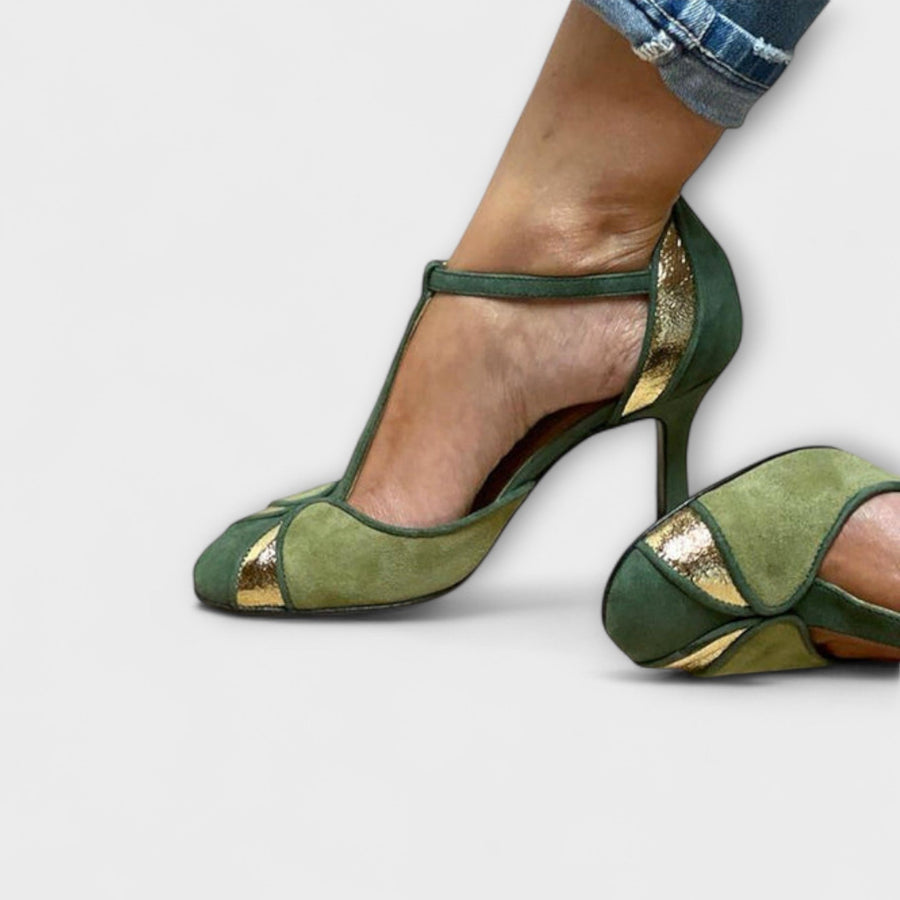 Alona - Dekolleté Patchwork mit T-Strap und geschlossener Zehe