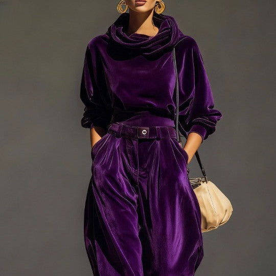 Damen-Set aus Samt-Hoodie und Hose mit Gürtel
