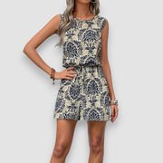 Leah | Damast Print Ärmelloser Jumpsuit