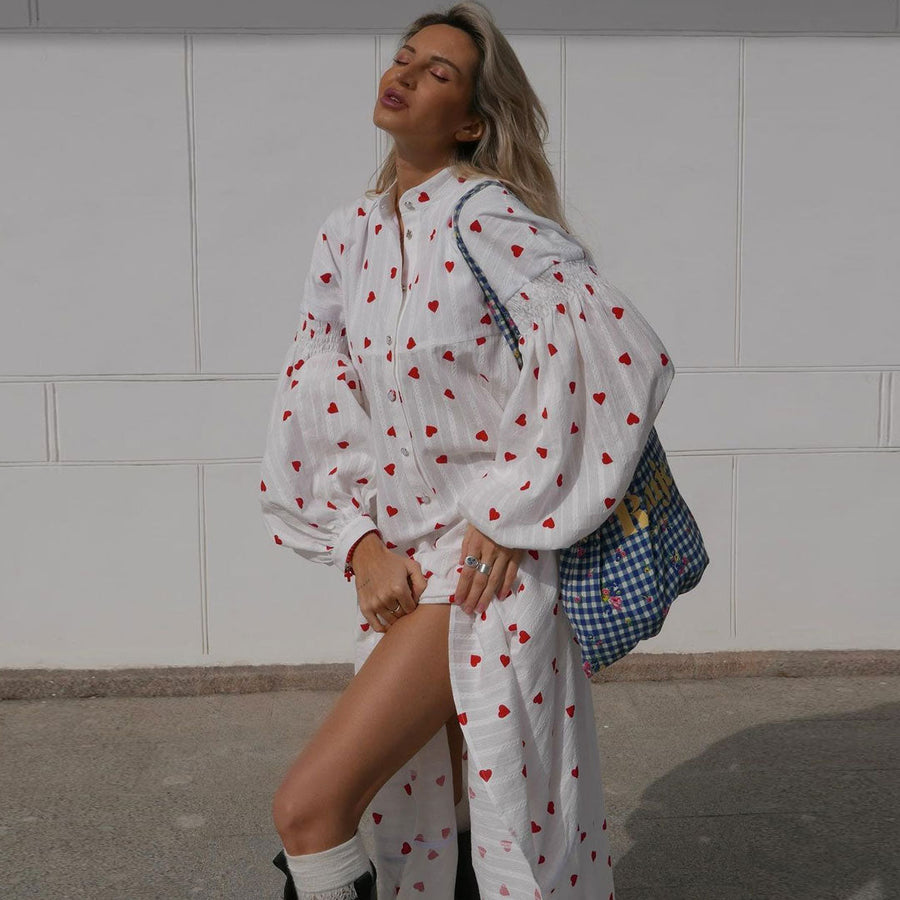 Schönes Maxi Hemdkleid mit Herzmuster