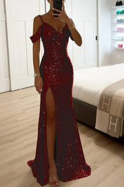 Heidi-Mode | Paillettenspitze Meerjungfrau Abschlussballkleider mit Schlitz Off-Shoulder Abendkleid