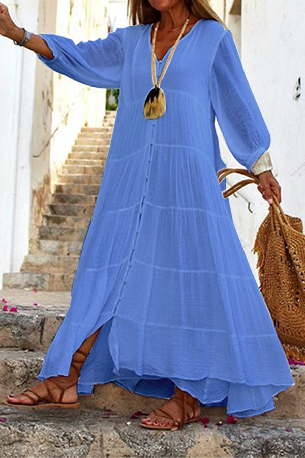 Heidi-Mode | Seraphina Baumwoll-Leinen-Mischung Knopf-Up Gestuftes Maxikleid