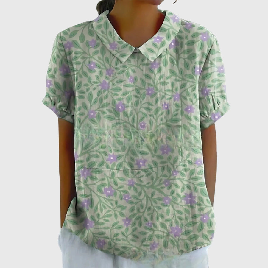Elke | Damen Blumen Kragen Kurzarm Bluse