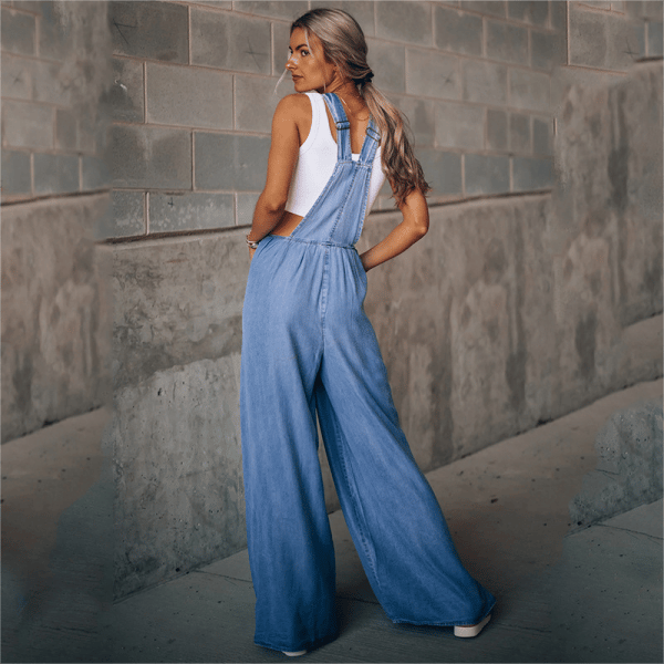 Damen-Latzhose aus Denim mit weitem Bein und verstellbaren Trägern