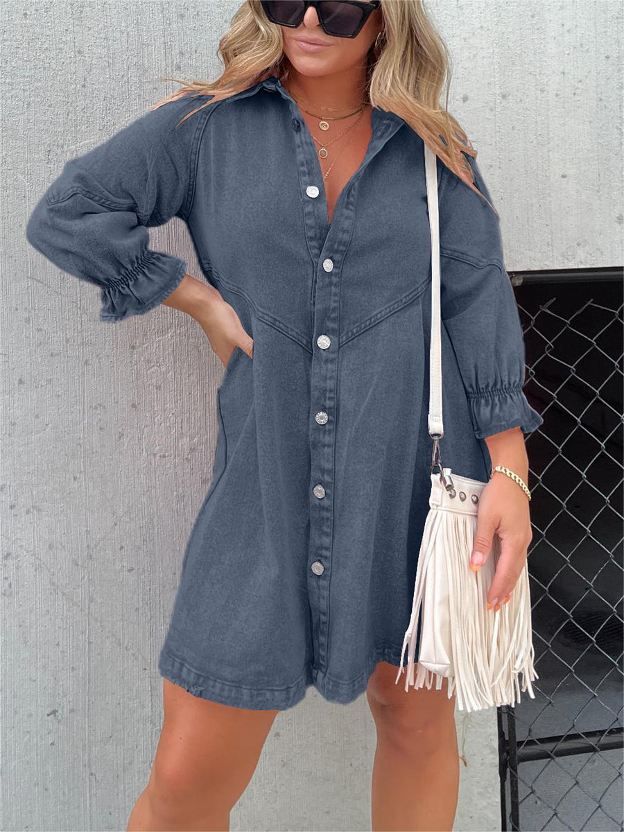 Nola | Stilvolles Denim-Midi-Kleid mit Umlegekragen