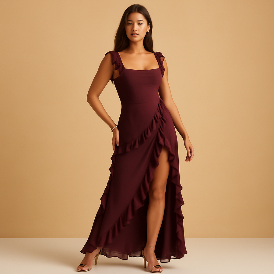 Damen Asymmetrisches Kleid mit Rüschenbesatz und eckigem Ausschnitt