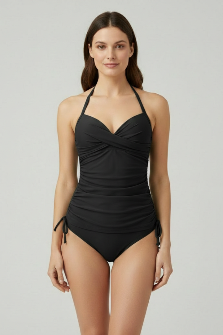 Damen Badeanzug mit Neckholder-Trägern und seitlicher Raffung