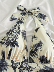 Damen-Badeanzug mit V-Ausschnitt, Neckholder und Palmenmuster