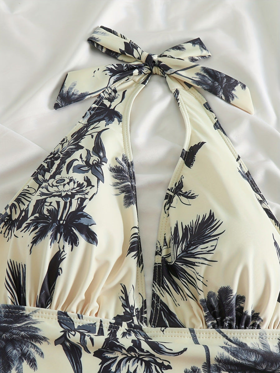 Damen-Badeanzug mit V-Ausschnitt, Neckholder und Palmenmuster