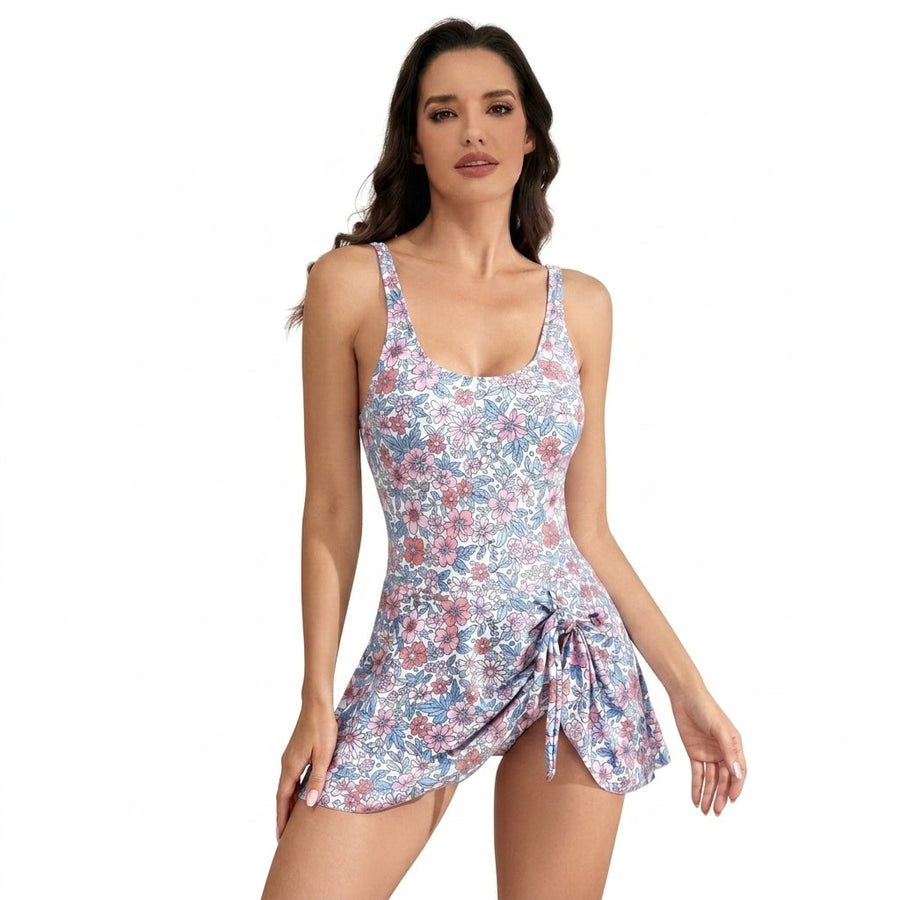 Damen-Badekleid mit floralem Muster und seitlichem Knotendetail