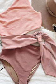 Damen-Bikini-Set mit Ein-Schulter-Oberteil und hoch geschnittener Hose mit Schleifendetail