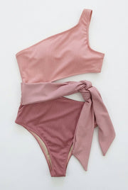 Damen-Bikini-Set mit Ein-Schulter-Oberteil und hoch geschnittener Hose mit Schleifendetail