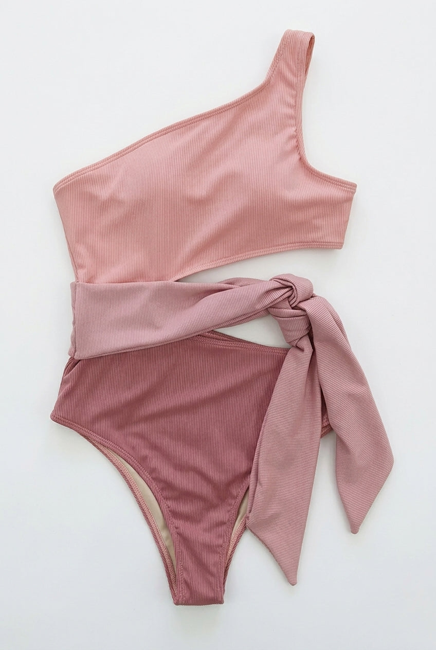 Damen-Bikini-Set mit Ein-Schulter-Oberteil und hoch geschnittener Hose mit Schleifendetail