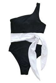 Damen-Bikini-Set mit Ein-Schulter-Oberteil und hoch geschnittener Hose mit Schleifendetail