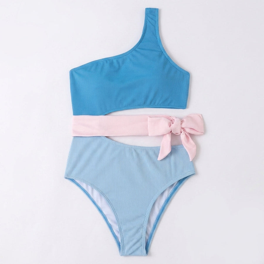 Damen-Bikini-Set mit Ein-Schulter-Oberteil und hoch geschnittener Hose mit Schleifendetail