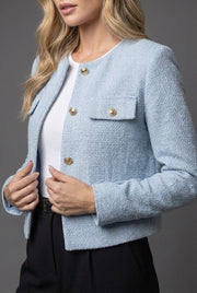Hannah | Damen Blazer Kurz Tweed Rundausschnitt Goldknöpfe