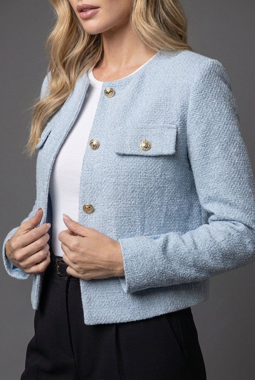 Hannah | Damen Blazer Kurz Tweed Rundausschnitt Goldknöpfe