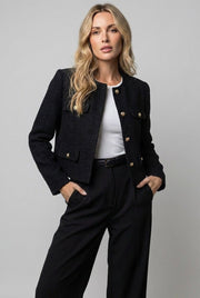 Hannah | Damen Blazer Kurz Tweed Rundausschnitt Goldknöpfe