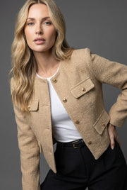 Hannah | Damen Blazer Kurz Tweed Rundausschnitt Goldknöpfe