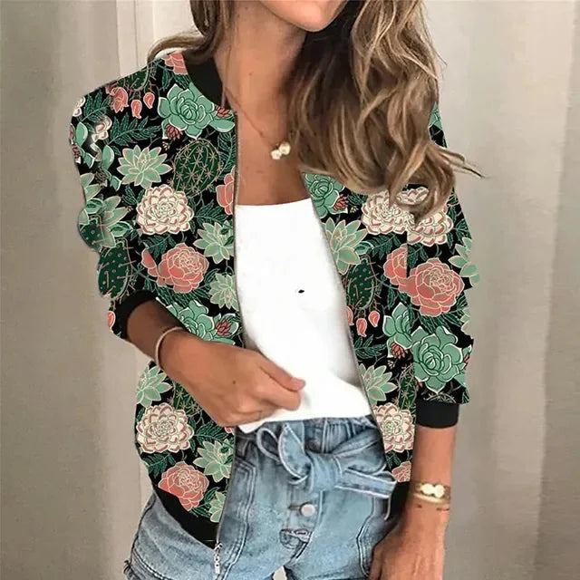Damen Bomberjacke mit Blumenmuster und schwarzen Bündchen