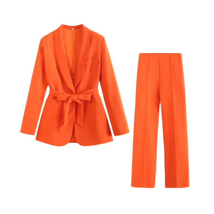 Damen Blazer- und Hosen-Set mit Bindegürtel