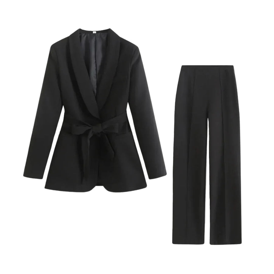 Damen Blazer- und Hosen-Set mit Bindegürtel