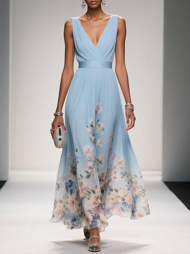 Emilia | Damen Blumen Maxikleid V-Ausschnitt Ärmellos